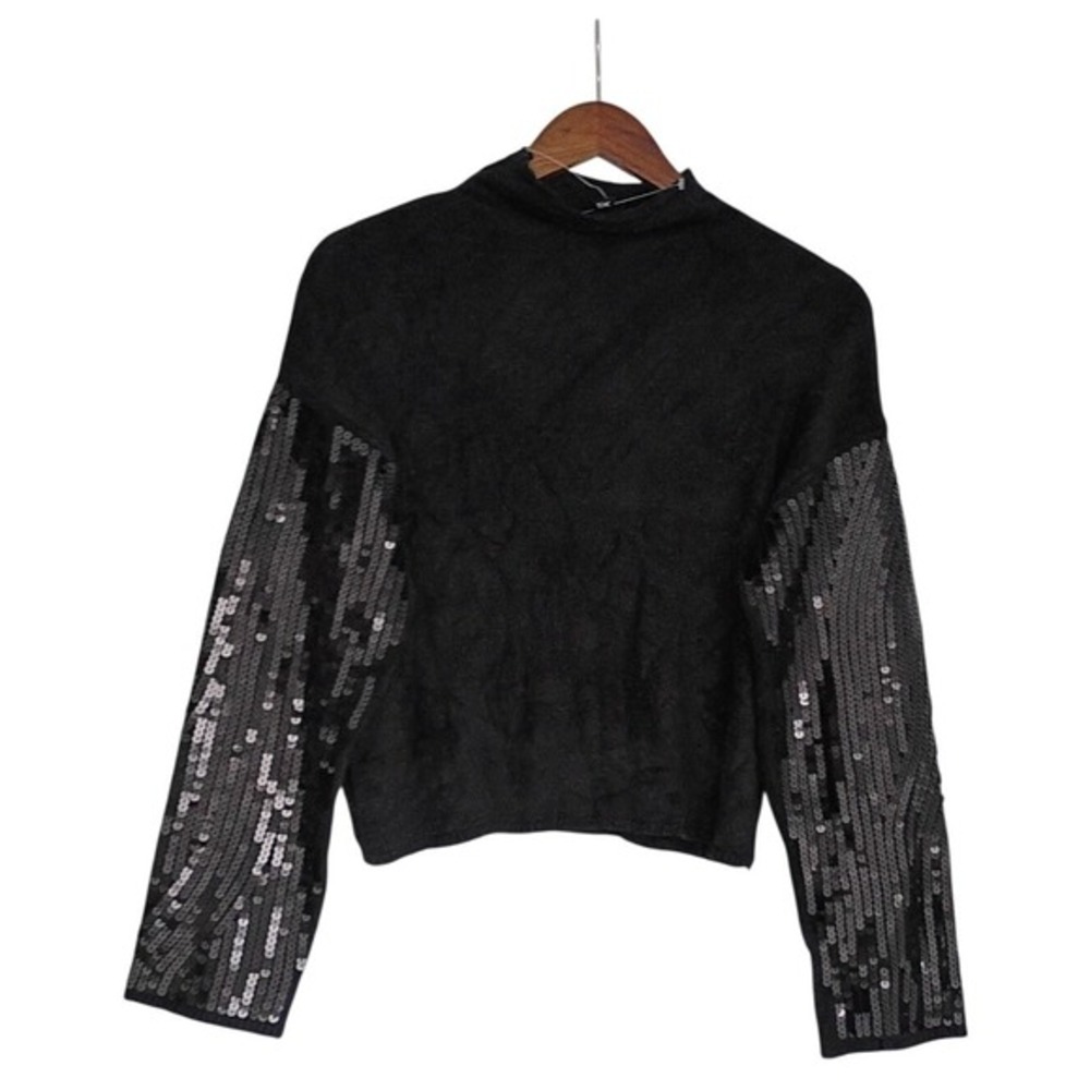 NWT Sequin Cropped Mock Neck Sweater‎ Black Marled Party Knit Fits S - Picture 4 of 8